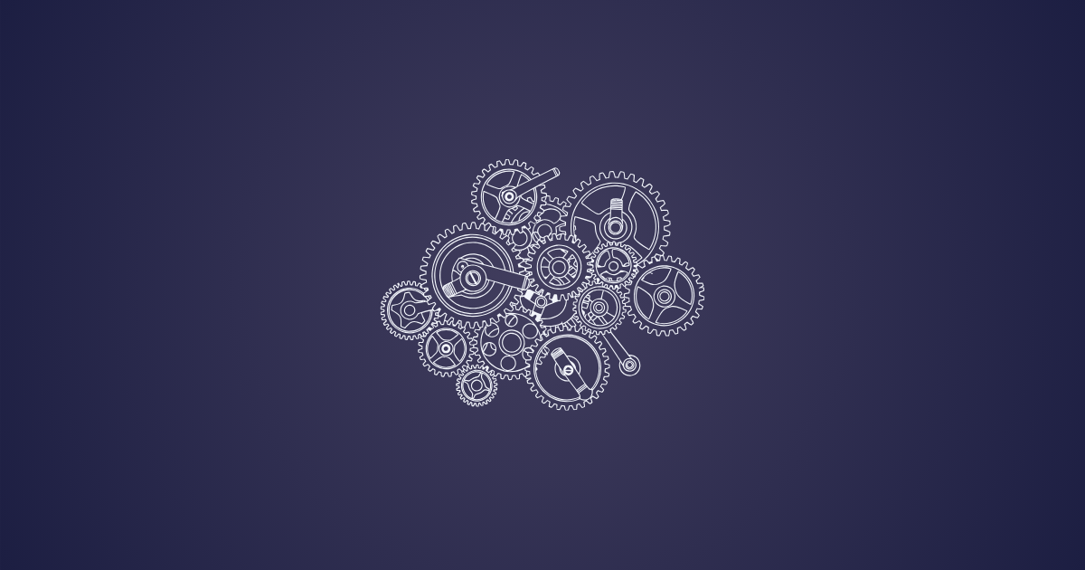 White line drawing of interlocking gears on a dark purple background, representing the behind-the-scenes systems that make HubSpot work.